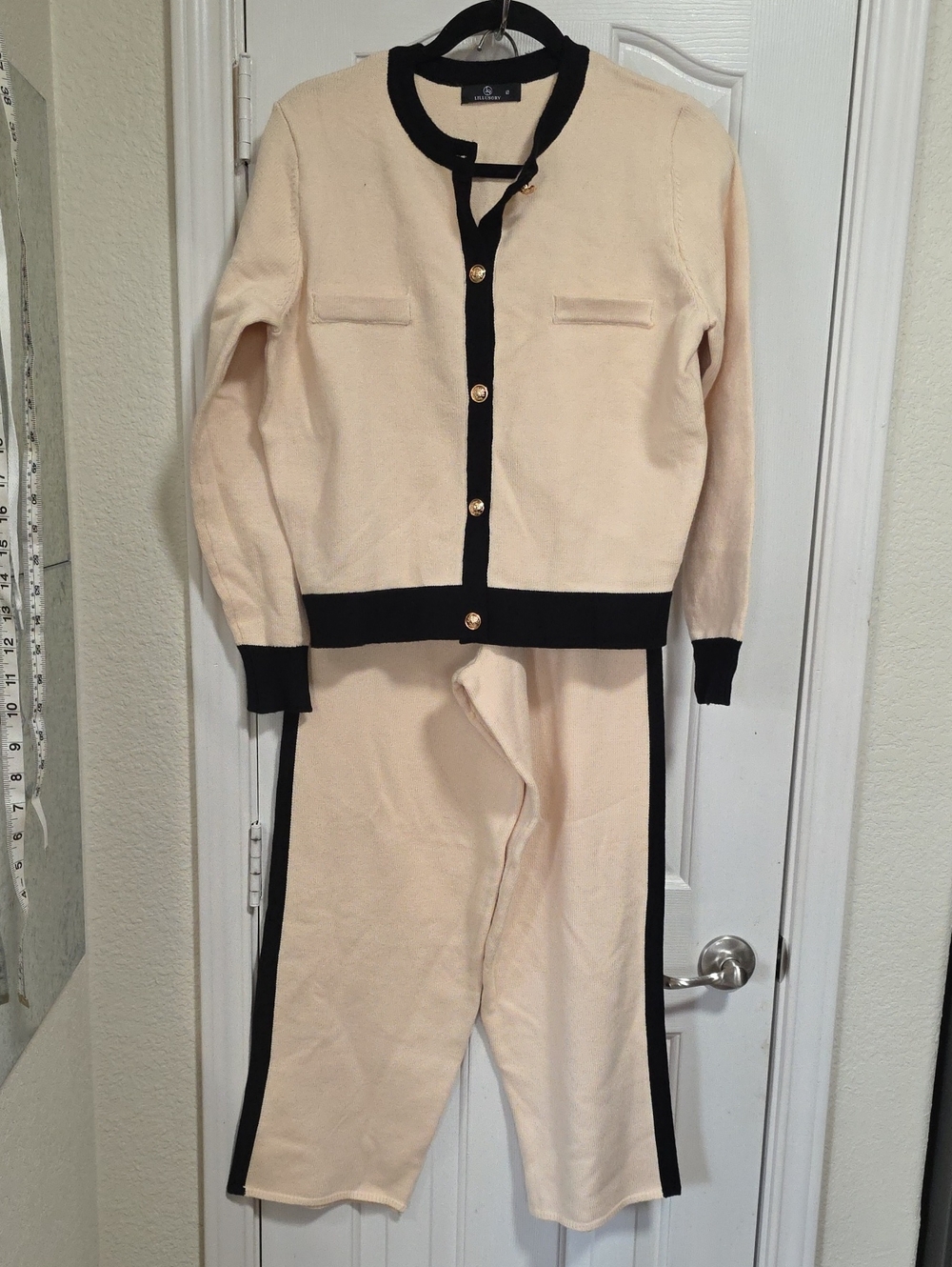 Women's Cream Knit Cardigan & Pants Set with Black Trim Size S
